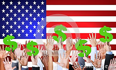 People Holding Dollar Signs with American Flag