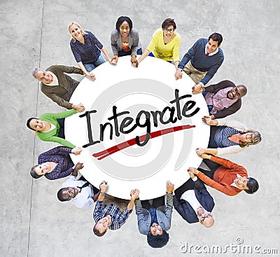 People Holding Hands Around Word Integrate