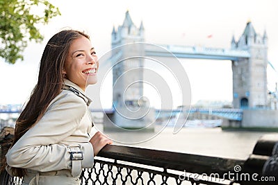 People in London - woman happy by Tower Bridge