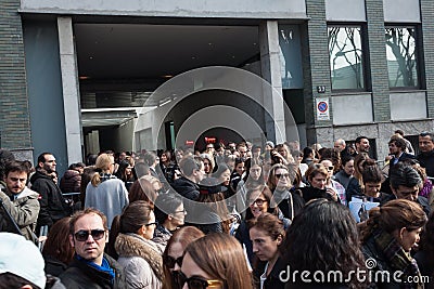 People outside Armani fashion shows building for Milan Women s Fashion Week 2014