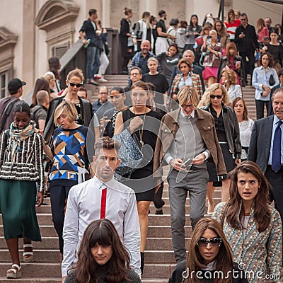 People outside Marco De Vincenzo fashion shows building for Milan Women s Fashion Week 2014