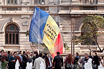 People protesting in University Square, Bucharest