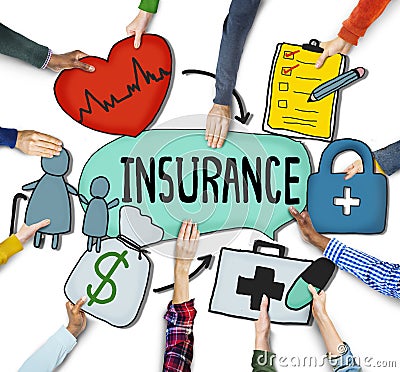 People s Hands Holding Insurance Text and Symbols