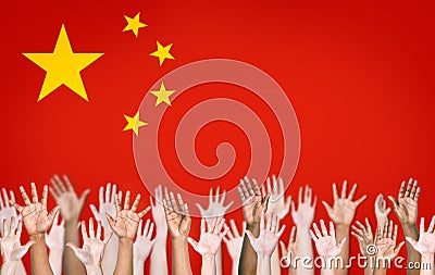 Peoples Hands Raised with Chinese Flag