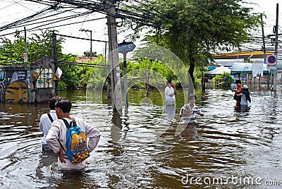 People walk on flooding road,Bangkok Flooding