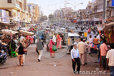 People walking on busy street at Sadar Market, Jodhpur, India