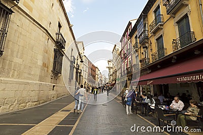 People walking on the street in city center of Leon visiting the city, in Castilla, Camino de Santiago road