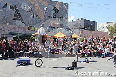 Performance of a clown at Federation Square in Melbourne, Australia