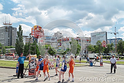 PERM, RUSSIA - JUN 13, 2013: Girls play at Youth Basketball Tour