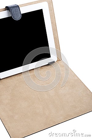 Personal internet tablet in Leather Cover Isolated over White Ba