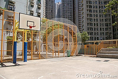 A perspective view of a basketball court