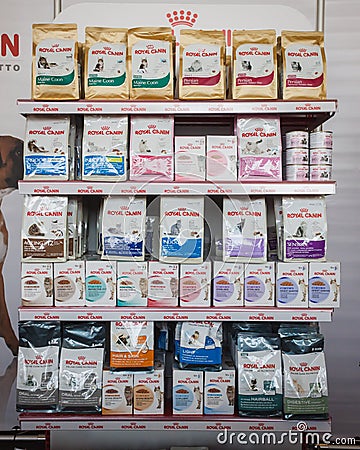 Pet food on display at Quattrozampeinfiera in Milan, Italy