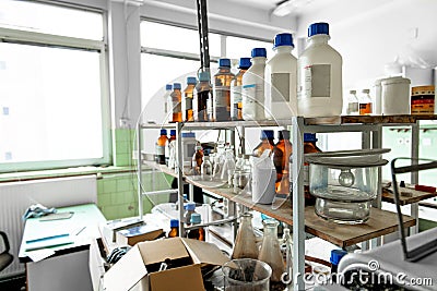 Photo of an old laboratory with a lot of bottles