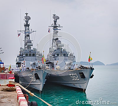 PHUKET, THAILAND - 22 FEB 2013: Two military Myanmar ships ancho