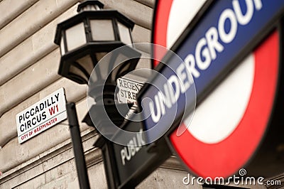 Piccadilly Circus street shield and undreground sign