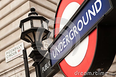 Piccadilly Circus street shield and undreground sign