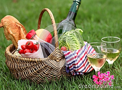 Picnic basket with wine, bread, vegetables