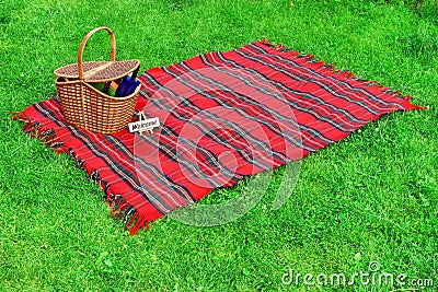 Picnic blanket and basket on the lawn