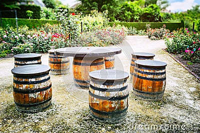 Picnic place with old wooden barrels