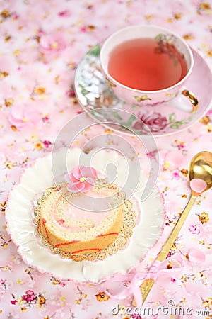 Piece of Deco Roll Cake with strawberry cream fill