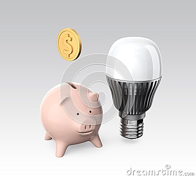 Piggy bank and LED light bulb.