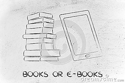 Pile of books and tablet device, tradition vs innovation