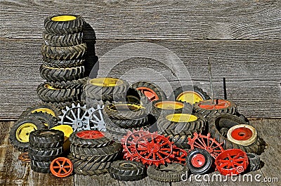 Piles of Toy Tractor Tires and Rims