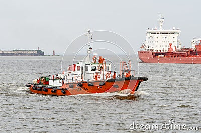 A pilot boat and a large ship