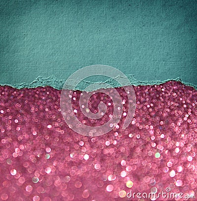 Pink glitter background and blue vintage torn paper . room for copy space.