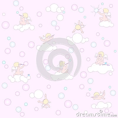 Pink pattern with angels, clouds and bubbles