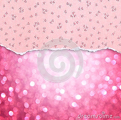 Pink torn paper with hearts pattern over pink glitter background