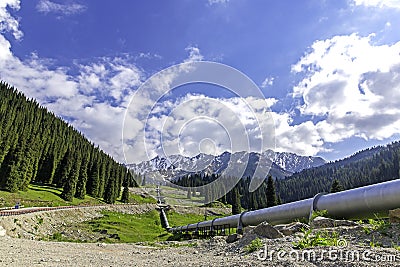 Pipeline on road Big Almaty Lake, Tien Shan Mountains in Almaty, Kazakhstan