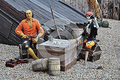 Pirates on broken ship, treasure chest, skeleton