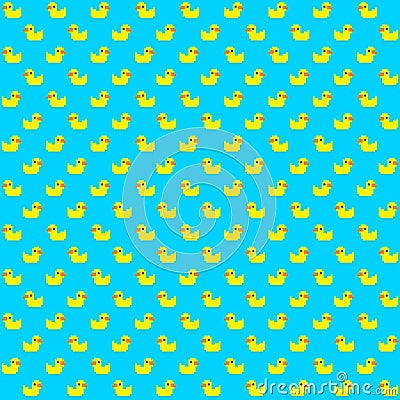 Seamless pattern with many pixel art yellow bath ducks on blue 