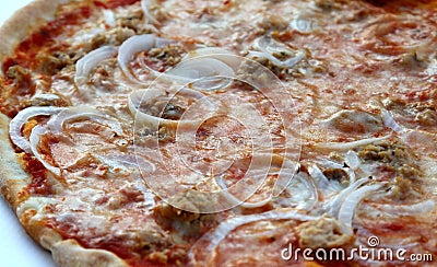 PIZZA with tuna and onions with mozzarella and tomato cooked in