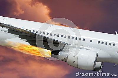 Plane, fire, engine. Dramatic sky. Close-up.