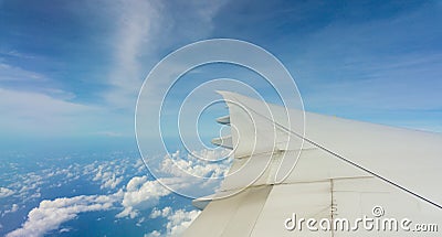 Plane wing on blue sky