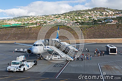 Planes waiting for passengers at the airport of Funchal at Madeira, Portugal