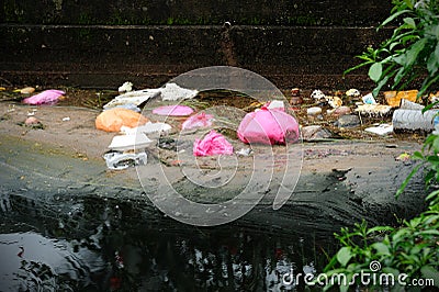 Plastic and polystyrene fast food packaging in a river