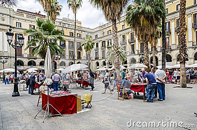 Plaza Real in Barcelona Spain, stamp and coin collection