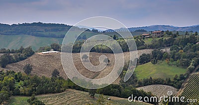 Plowed fields in rolling hills