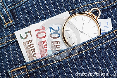 Pocket watch in your pants and jeans with money euro.