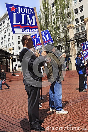 Political rally in Pioneer Square Portland OR.