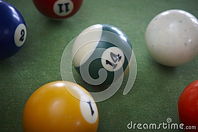 Pool balls on a green table.
