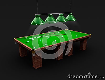 Pool table with light, billiard balls and cues