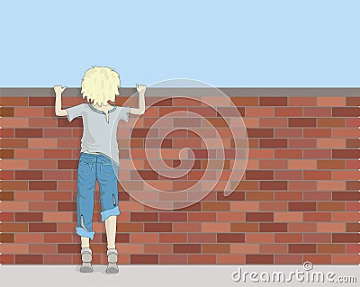 Poor Boy Looking Over Brick Wall