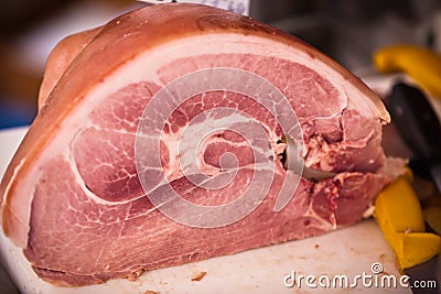 Pork ham selling in a market