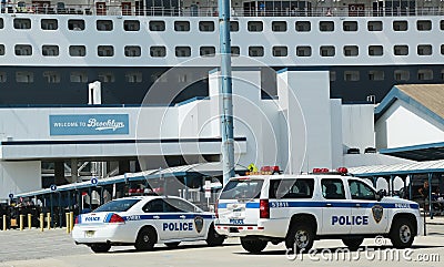 Port Authority Police New York New Jersey providing security for Queen Mary 2 cruise ship docked at Brooklyn Cruise Terminal