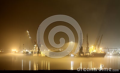 Port at night and fog