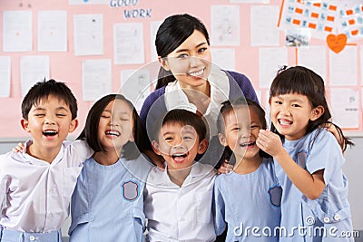 Portait Of Teacher And Students In Chinese School